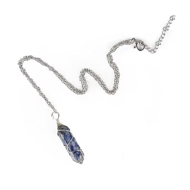 Xiao Hua Collar con colgante de cristal hexagonal, colgante de piedra de cuarzo natural, collar con gemas de cristal curativo con envoltura de alambre para mujer, color azul