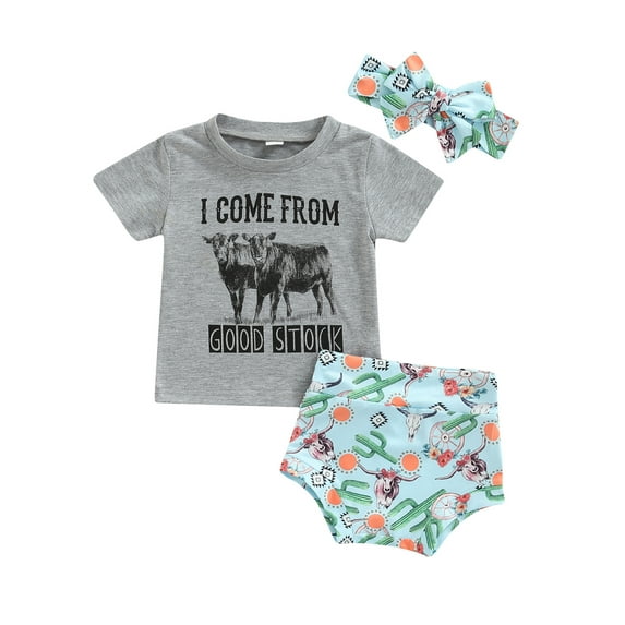 Franhais Baby Girls Three Pieces Clothes Outfit, Short Sleeve Letter Animal Printing T-Shirt + Cactus Printed Shorts + Headband