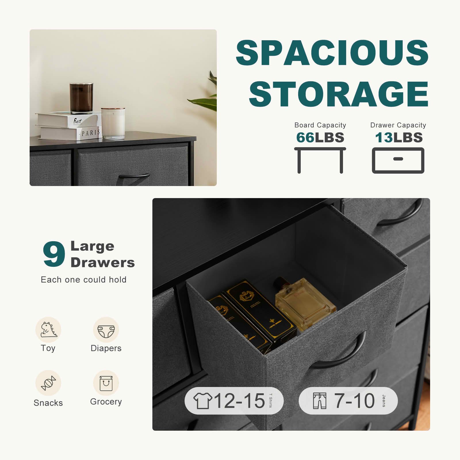 MAYEERTY Fabric Dresser with 9 Drawers for Storage and Organization, 39.4in Chest of Dresser, Gray