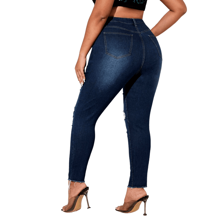 Jack David Women's Plus Size Ripped Destroy Blue Denim Roll up Distressed  Jeans Pants