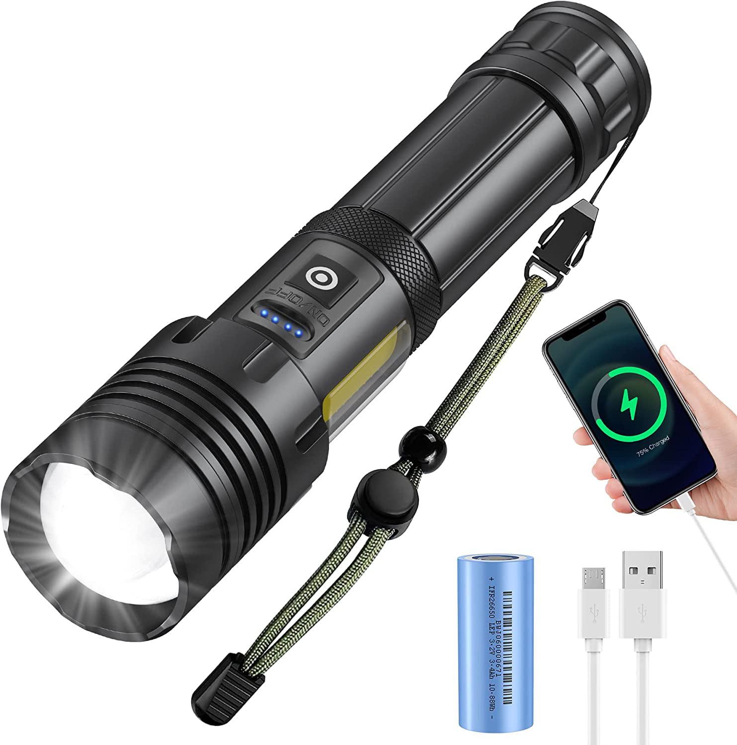 Powerful Rechargeable LED Torch, 3000 Lumens, Flashlight with 3400 Battery (Included), Waterproof Zoomable Tactical for Camping, Running, Hiking, Emergency - Walmart.com