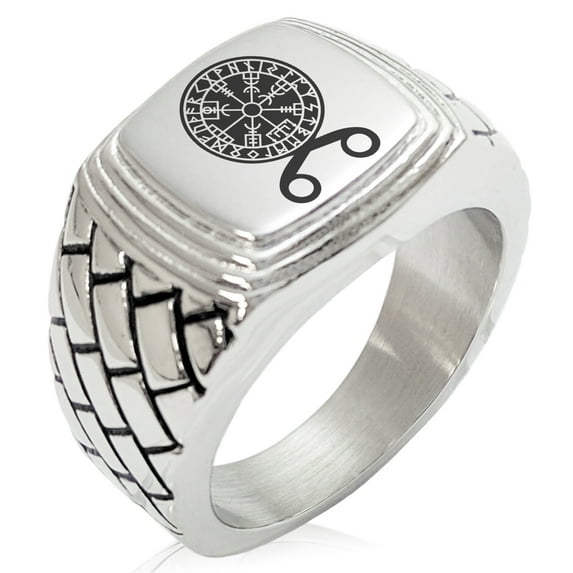 Stainless Steel Binding Vegvisir Troll Cross Runic Viking Geometric Pattern Step-Down Biker Style Polished Ring