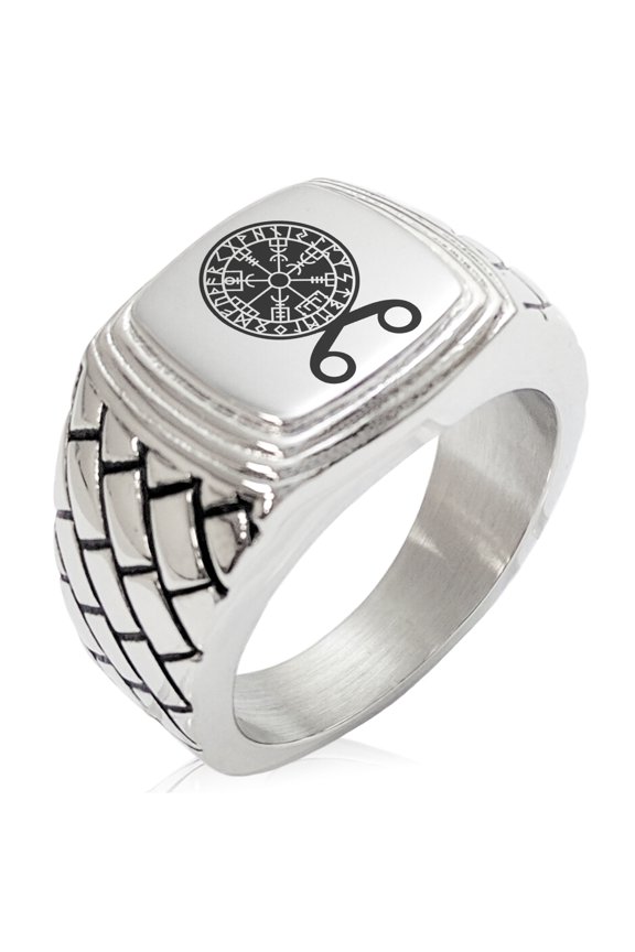 Stainless Steel Binding Vegvisir Troll Cross Runic Viking Geometric Pattern Step-Down Biker Style Polished Ring