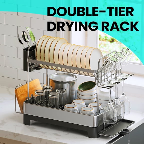 LEDREM 2-Tier Stainless Steel Dish Rack - Space Saving Design with Rotating Spout, Complete Drying System, Utensil & Glass Holders, Silver and Grey
