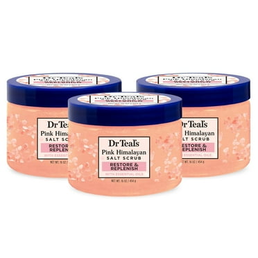 Dr Teal's Pink Himalayan Salt Body Scrub, Restore & Replenish with Pure Epsom Salt & Essential Oils, 16 oz (Pack of 3)