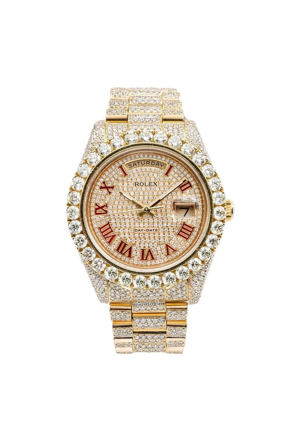 Pre-Owned Rolex Day-Date II 41MM 218238 Diamond Paved Red Roman Dial Diamond Bezel 18K Yellow Gold Full Diamond President Bracelet 21.75ct