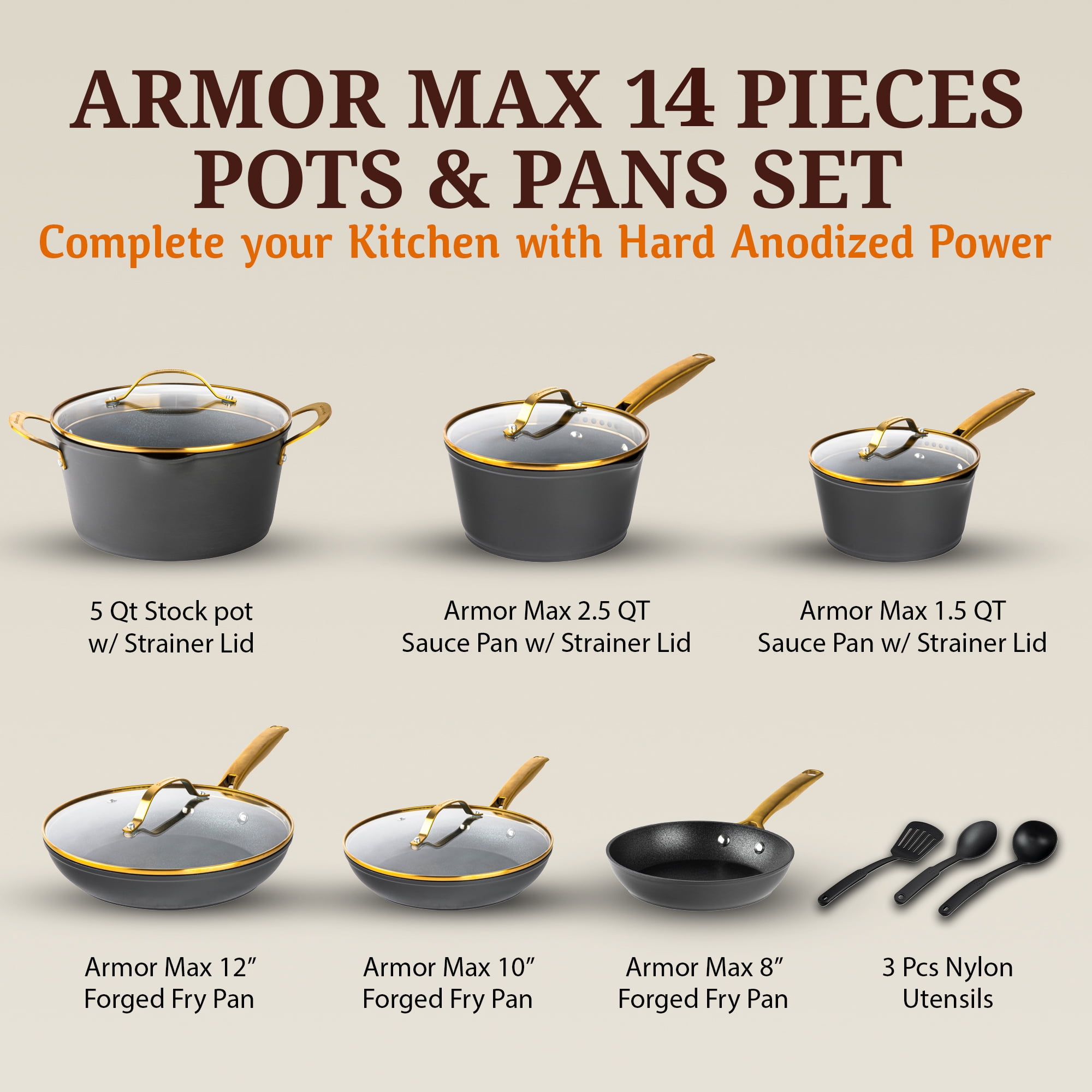Granitestone Armor Max 14 Pc Pots and Pans Set Non Stick, Induction Cookware Sets, Kitchen Cookware Sets, Nonstick Cookware Set, Non Stick Pot and Pan Set, Hard Anodized, Oven and Dishwasher Safe