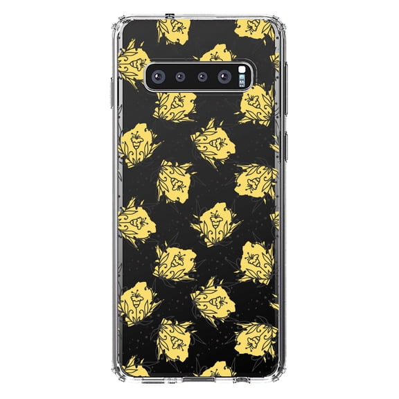 DistinctInk Clear Shockproof Hybrid Case for Samsung Galaxy S10 (6.1" Screen) - TPU Bumper Acrylic Back Tempered Glass Screen Protector - Wildflower Yellow Graffiti