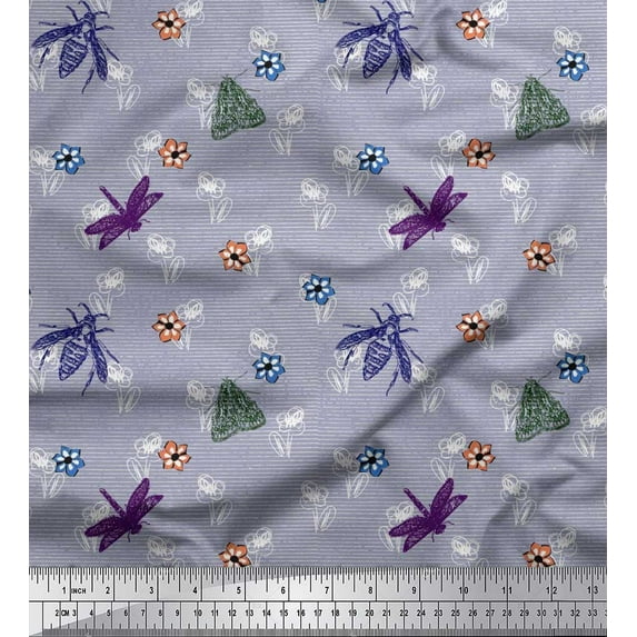 Soimoi Cotton Jersey Fabric Floral,Moth & Dragonfly Insects Printed Fabric 1 Yard 58 Inch Wide
