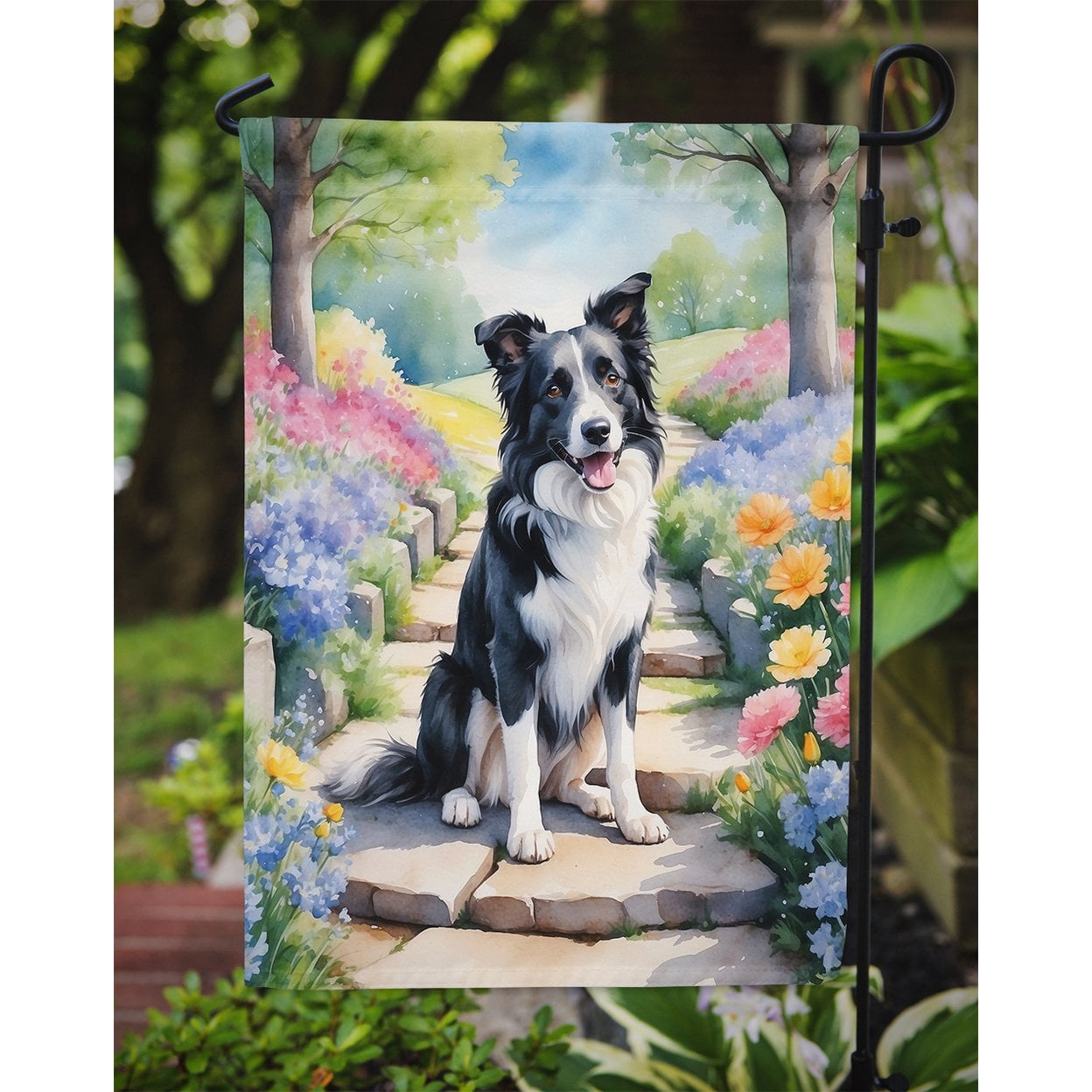 Border Collie Spring Path Garden Flag 11.25 in x 15.5 in
