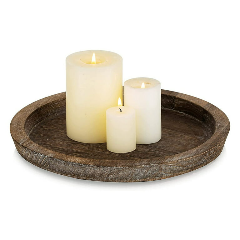 Round Wood Tray Candle Holder Set of 1 Rustic Round Wooden Trays with Metal Handles for Coffee Table Farmhouse Decorative Tray Plates Holder for