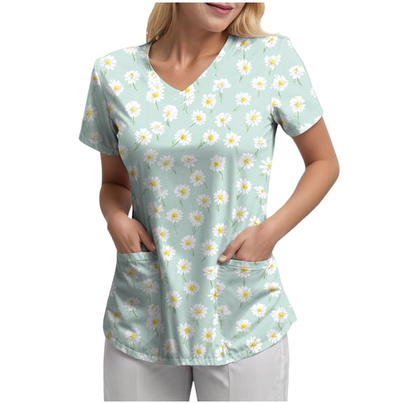 felwors Printed Scrub Tops Women V Neck Short Sleeve Plus Size Scrubs for Womens Nursing Uniforms Shirts with Pockets (Light Green, XXXL)