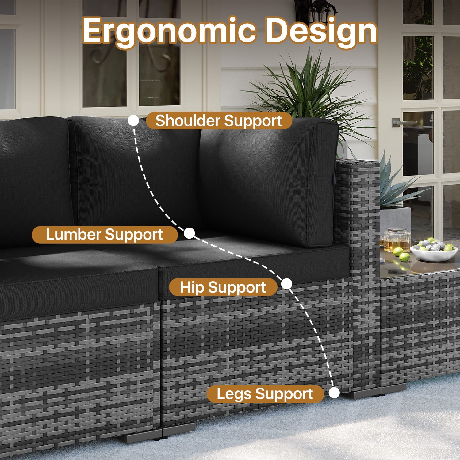 BaPiPro 7‑Piece Modular Outdoor Patio Furniture Set, Gray Wicker Sectional Sofa with Thickened Black Cushions & Coffee Table, All‑Weather for Backyard, Porch, Deck & Balcony