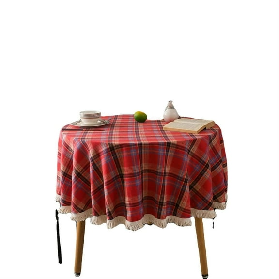 Chic Red and Green Plaid Tassels Christmas Tablecloth - Round Woven Polyester-Cotton Blend - Festive Table Cover for, Party, and Dining Decor (Color : Red, Size : Round 90cm)
