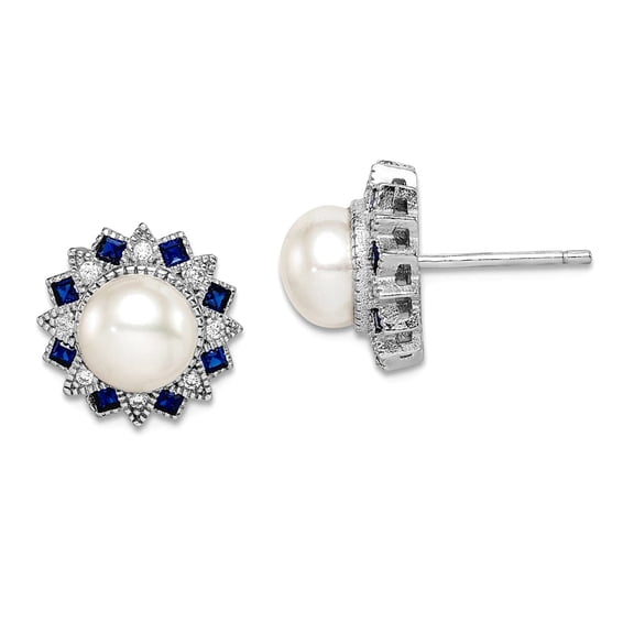 925 Sterling Silver Rh Plated Freshwater Cultured Pearl Syn. Blue Spinel and Cubic Zirconia Earrings M 11.9x11.9mm Wide