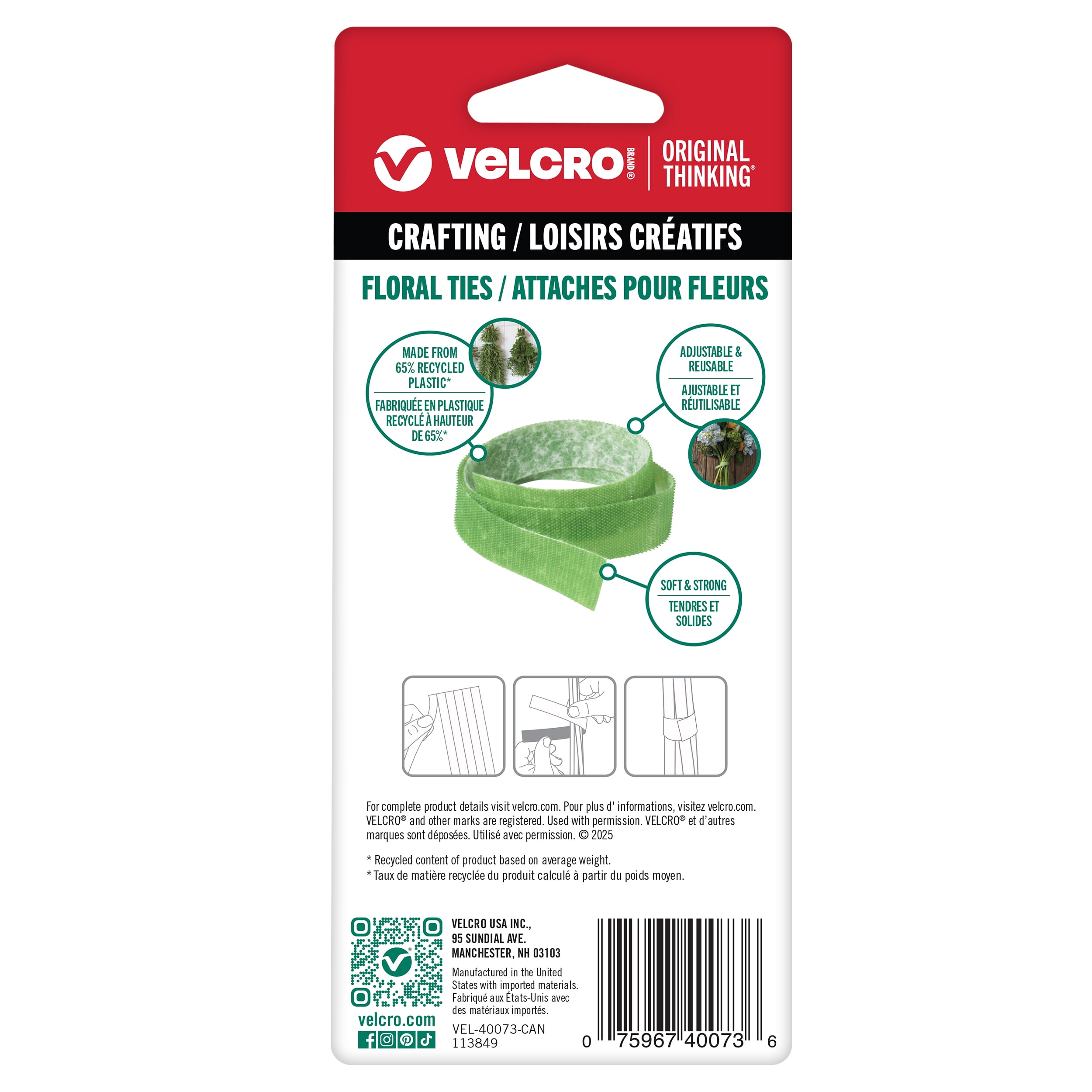 VELCRO Brand Crafting Floral Ties for Crafts, Bouquets, Project, Décor, Reusable and Adjustable,  6" x 1/2" Green, Pack of 10