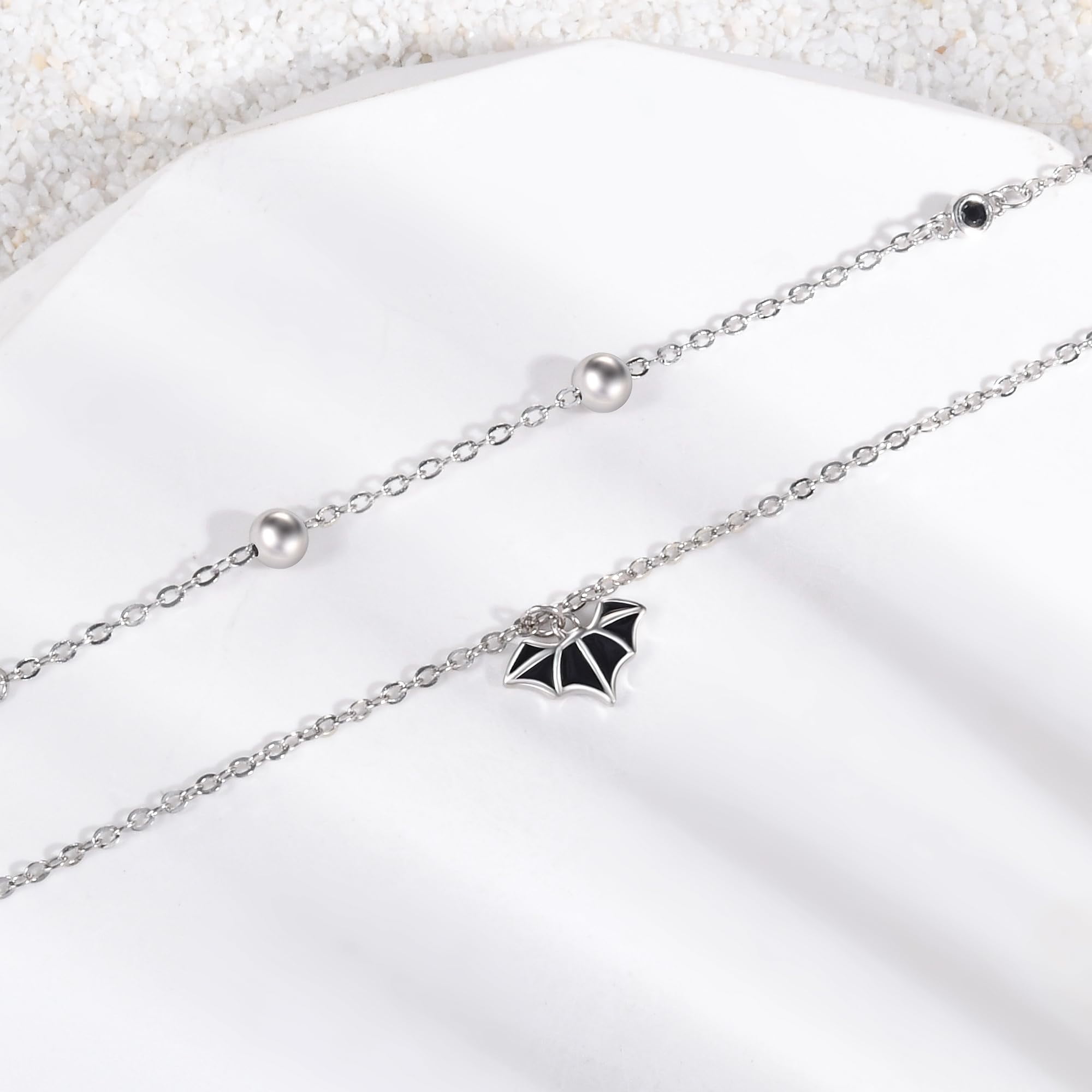 Bats Anklet 925 Sterling Silver Blacks Bats Ankle Bracelet for Women Dainty Boho Bats Chains Adjustable Beach Bats Black Zircon Anklet Layered Anklet Jewelry 11 Inches