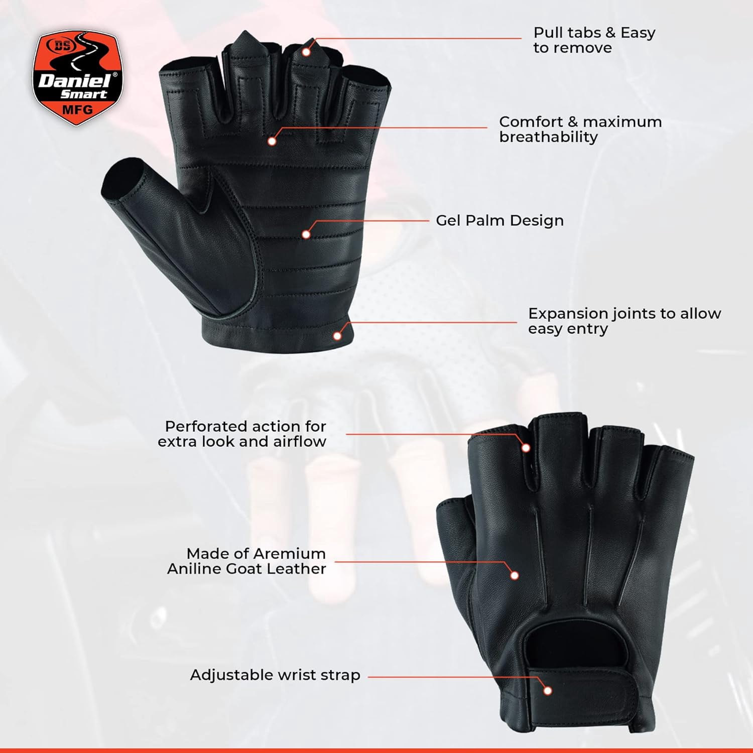 Daniel Smart Deerskin Leather Gloves – Fingerless Motorcycle Gloves with Gel Palm and Wrist Strap