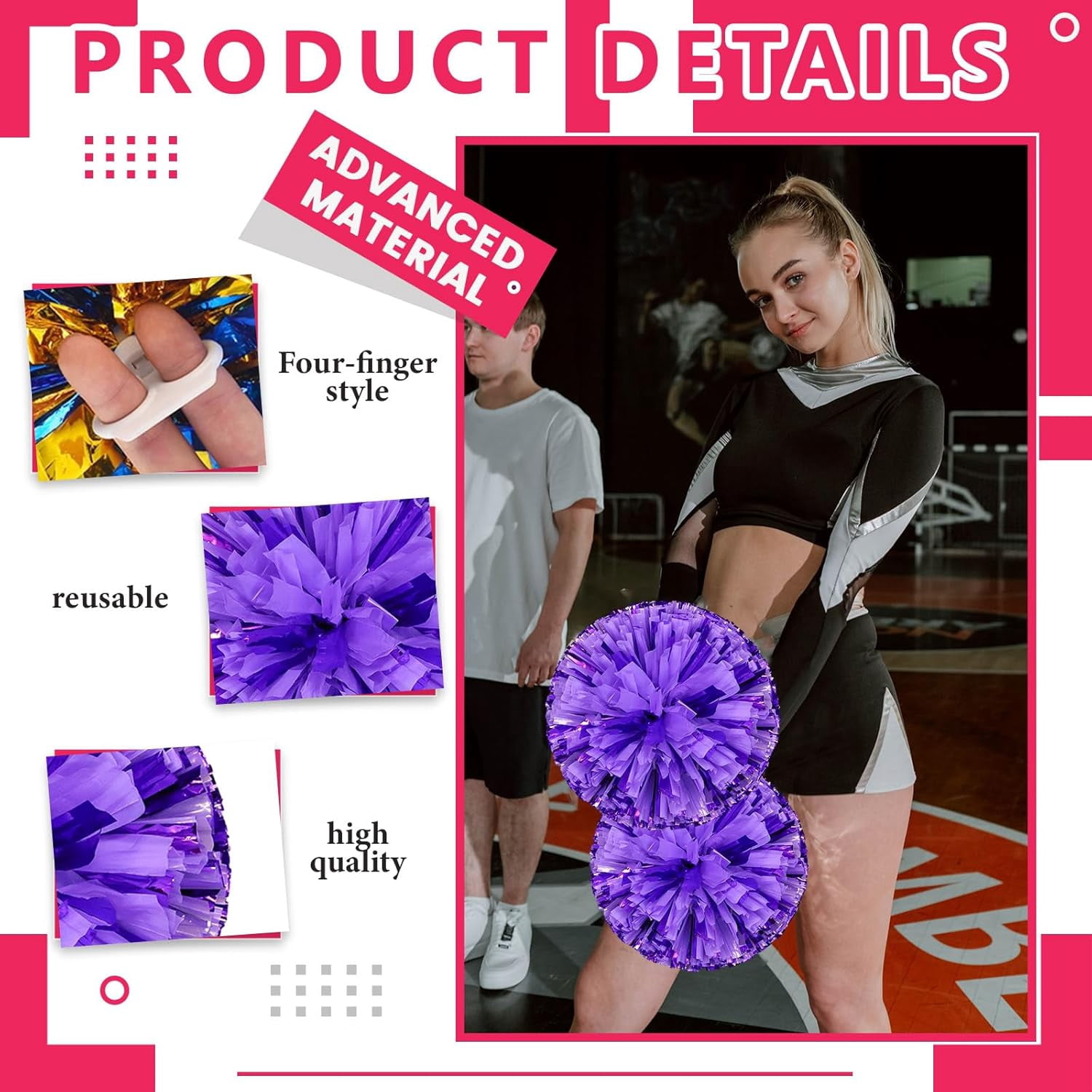 8 PCS Metallic Cheerleading Pom Pom for Team Spirit Sports Dance Cheering Kids Adults-Ring Style