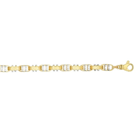 14K Yellow-White Gold Shiny+Ridged Fancy Double Bar Mariner Style Link Bracelet with Lobster Clasp