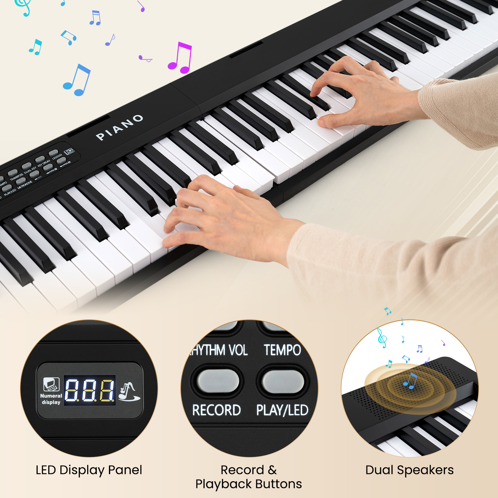 Topbuy 88-Key Piano Keyboard Foldable Full Size Semi Weighted Electronic Keyboard with Split Function