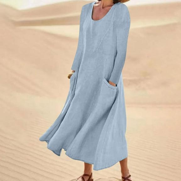 FAFWYP Long Sleeve Dresses for Women, Casual Flowy Long Maxi Sundresses Solid Color Round Neck Cotton Linen Dress Swing Dress with Pockets