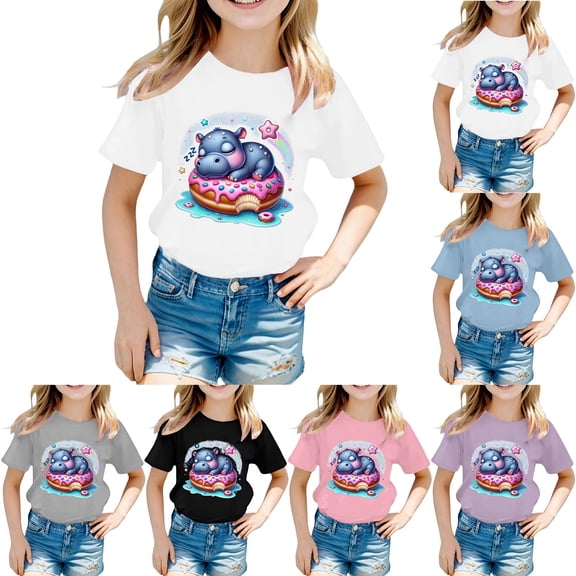 RTKFRFLM Unisex Kids Hippo Cartoon Graphic T-Shirt Boys Girls Round Neck Short Sleeve Loose Fit Tee Top Summer Fashion Casual Cotton Shirt Trendy Children's Daily Playwear Soft Top