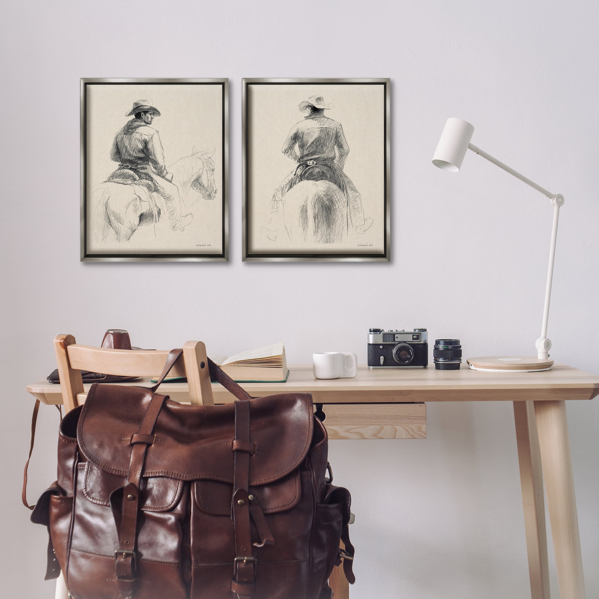 Stupell Industries Sketched Cowboy on Range People Drawing Gray Floater Framed Canvas Art Print Wall Art, 17 x 21, Set of 2