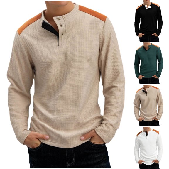 Feancey Waffle Knit Henley Shirts for Men Color Block Long Sleeve Button Up Collarless T-Shirts Business Casual Regular Fit Work Shirt Army Green M
