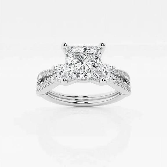 Cloud Jewel Beautiful 2 Ct Princess Cut Lab Created Diamond Ring - Three Stone Engagement Design - 14K White Gold Plated Split Shank Ring - Ideal for Women’s Bridal Jewelry and Special Occasions