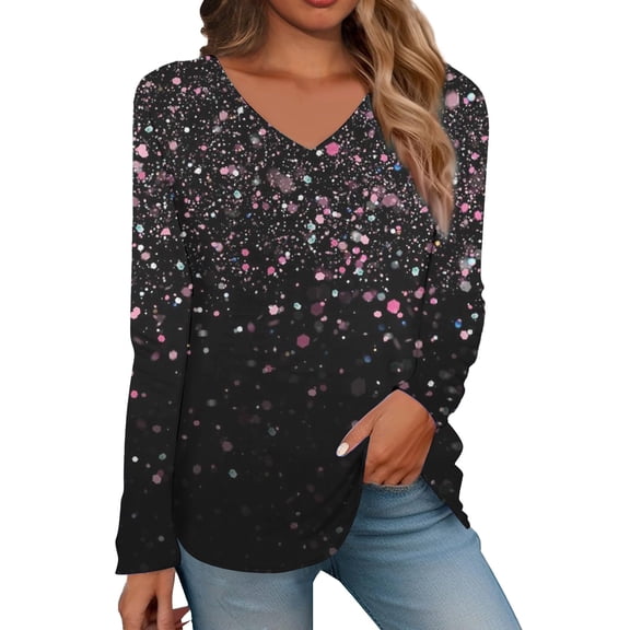YEJIMAN Pink V Neck T Shirts For Women, Polyester,Spandex Oversized Tshirts For Women, Women's Fashionable V Neck Long Sleeved Fine Glitter Gradient Printed V Neck Top T Shirt