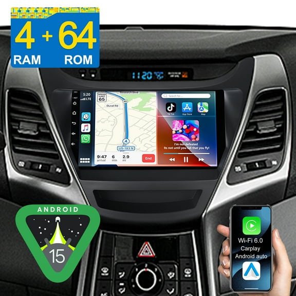 9" Android 15 Stereo 4 64GB Car Radio for Hyundai Elantra 2014-2016 with Apple CarPlay/Android Auto/GPS Navi/Wi-Fi/BT 5.4/DSP/Backup Camera