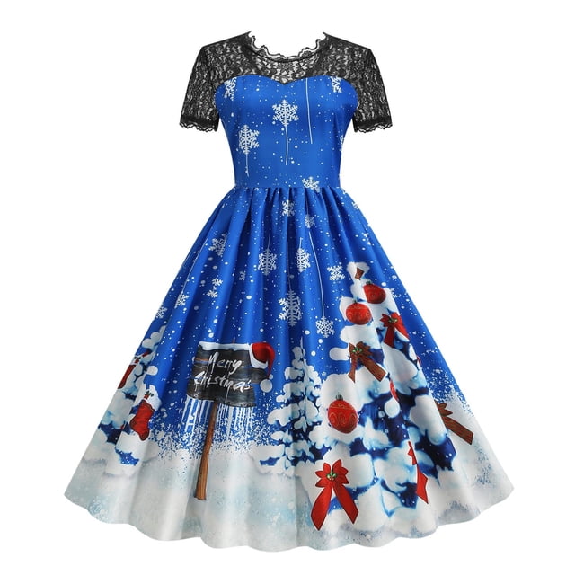 Vestido de encaje Retro de Navidad para mujer, disfraces de manga corta, Swing Vintage, vestidos de fiesta, ropa de Navidad, Cosplay, 50S, 60S
