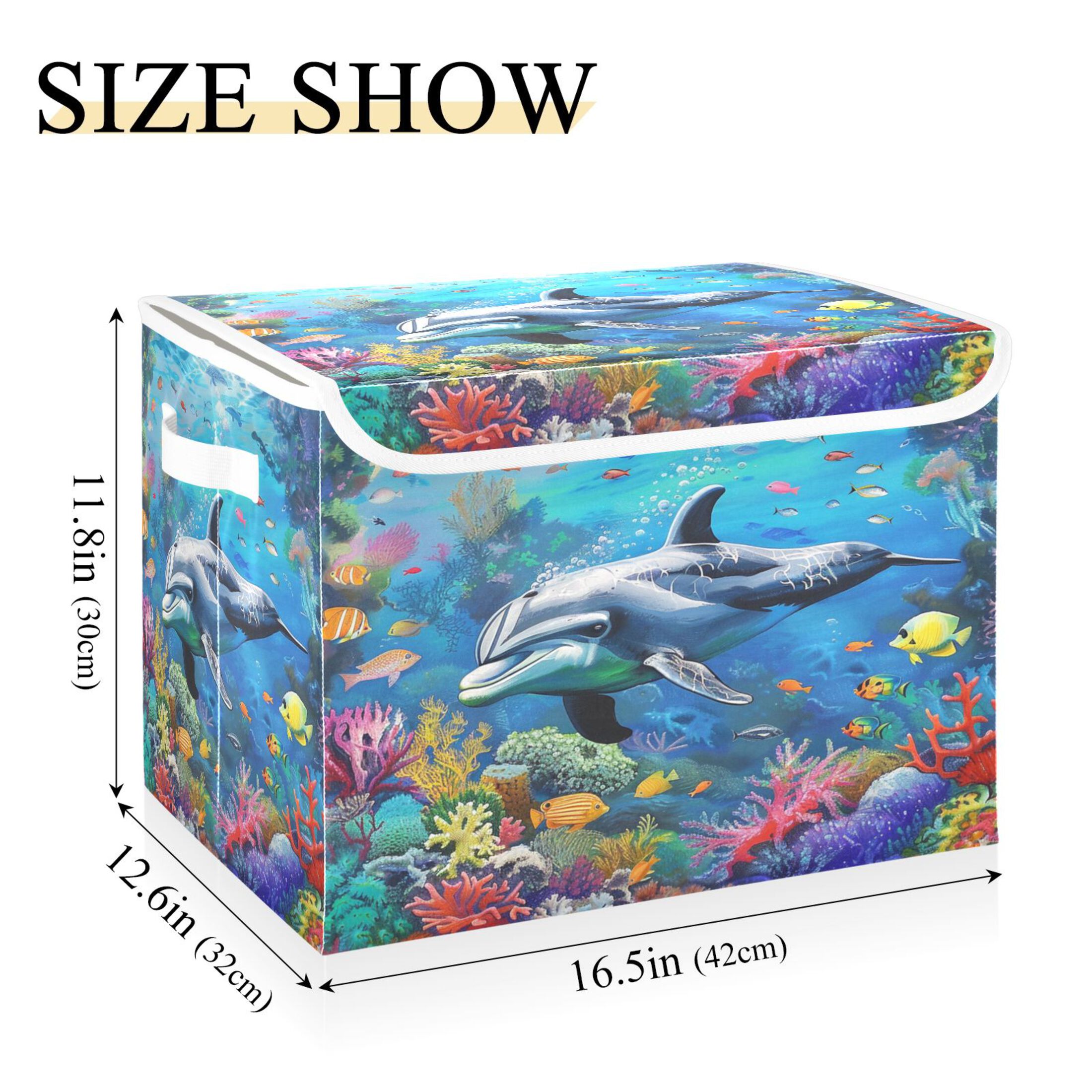 Ryvnso Dolphin and Fish under Sea Large Lidded Foldable Storage Baskets Cubes Boxes Lids Bin for Home