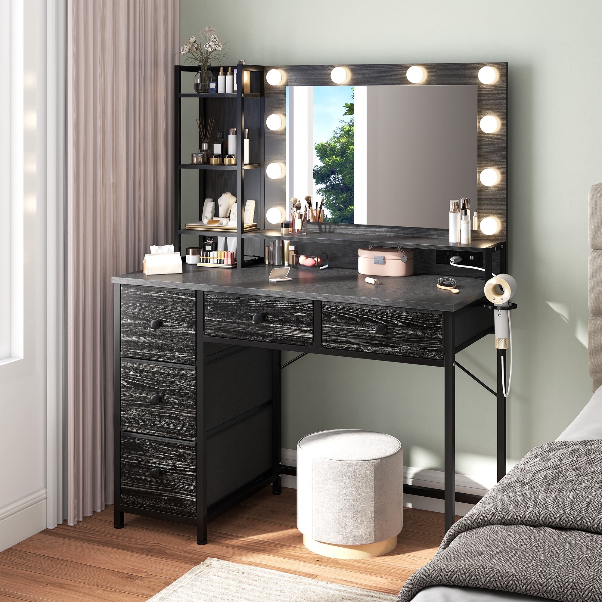 Romorgniz Vanity with Mirror and Lights Vanity Desk with 5 Drawers and Storage Shelves Makeup Dressing Table with Power Outlet & USB,Black