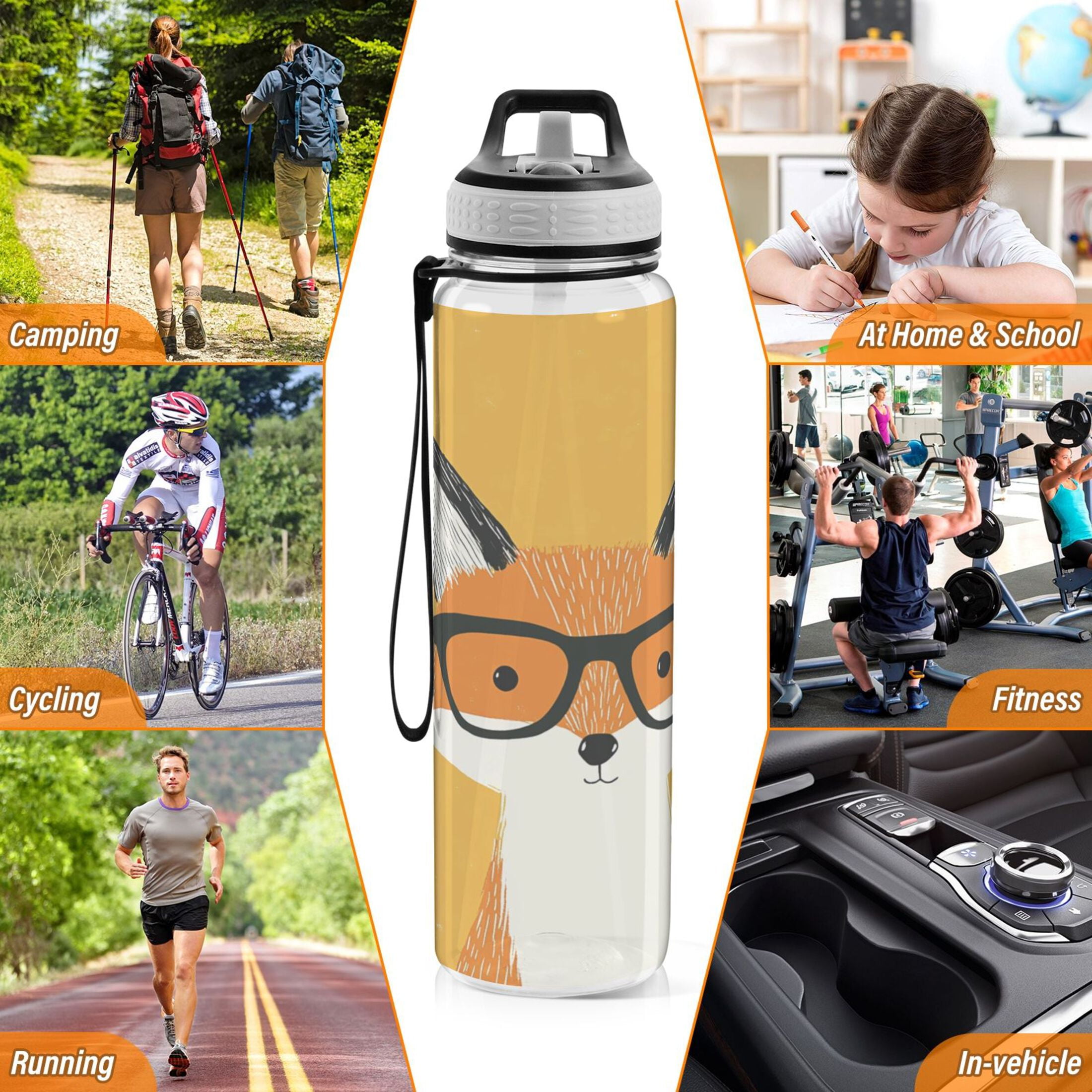 Sports Water Bottle 1000ML Tritan Food Grade Clear Water Bottle Fitness Outdoor Sports Bike Fox with Glasses