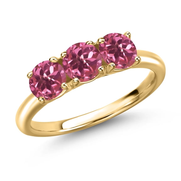 Gem Stone King 18K Yellow Gold Plated Silver Pink Tourmaline Engagement Ring for Women | 1.56 Cttw | Round 5MM | Gemstone October Birthstone | Size 6