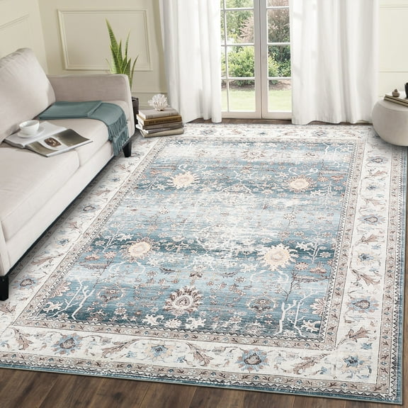 Garvee 5'x7' Modern Floral Area Rug Oriental Indoor Carpet with Non Slip Backing, Washable Rug Distressed Foldable Floor Mats for Living Room Bedroom Entryway, Light Green