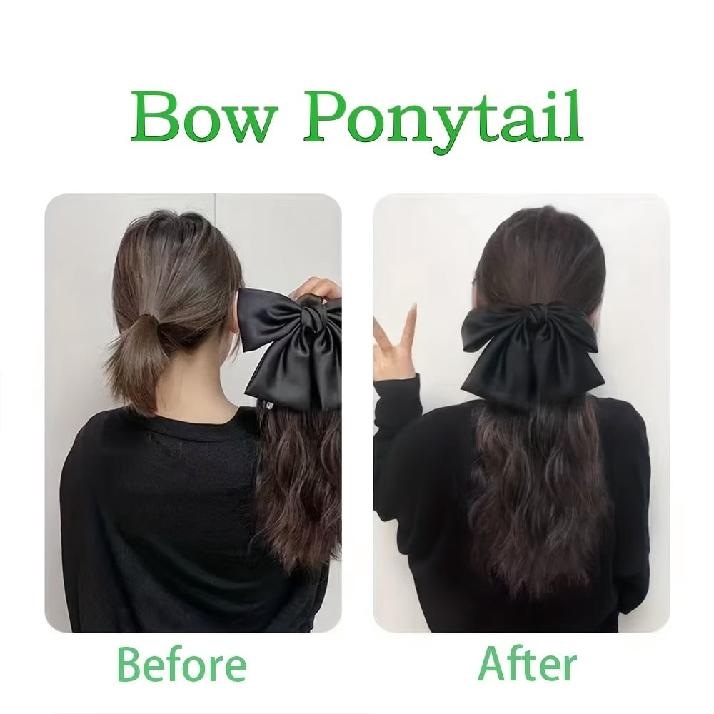 1pc, women's black ponytail hair piece with long wavy drawstring bow