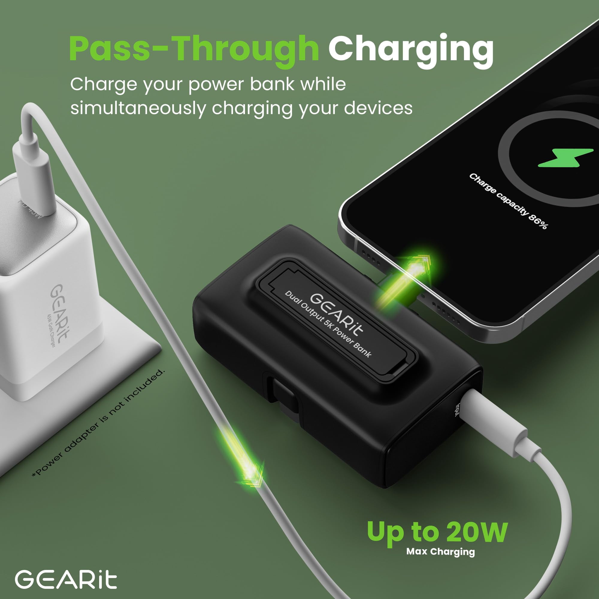 GEARit 5000mah Power Bank - Dual Output, Mini Battery Pack with Integrated USB-C and Lightning Connectors - Compact, Small Portable Charger Compatible - Black