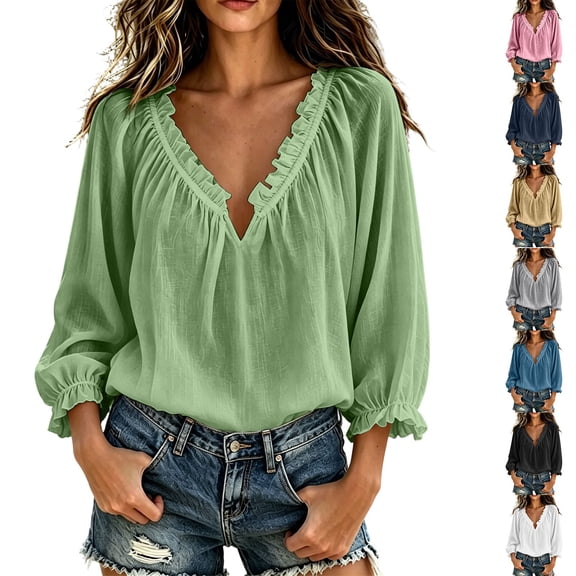 VBVC Women's Cotton Linen V Neck Blouse , Ladies' Boho Ruffle Long Sleeve Tunic Top , Casual Summer Vacation Shirts For Women, S-2XL
