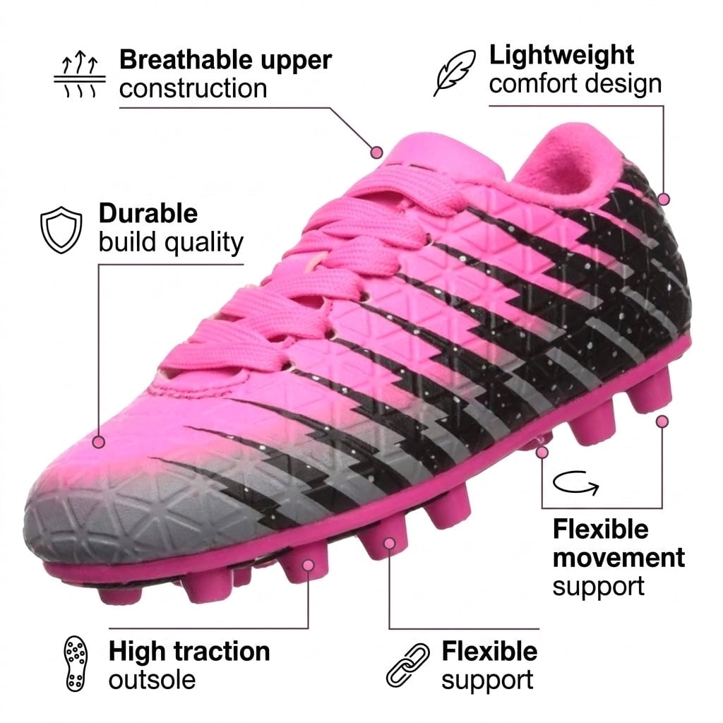 Vizari Bolt Firm Ground Soccer Cleats for Kids – Durable, Comfortable, and Stylish Boys and Girls Soccer Shoes with Traction - Pink/Black/Silver, 3