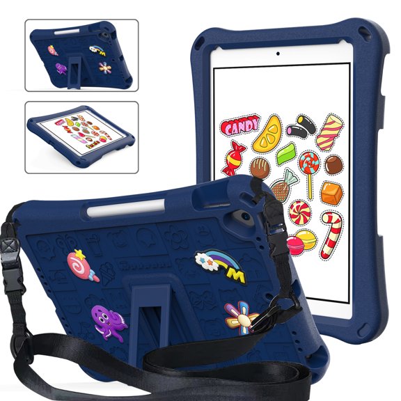 ELEHOLD Kids Case for Apple iPad mini 7 (A17 Pro)2024/6th Generation with Kickstand Soft EVA Rugged Shockproof Anti-Scratch Cover with Detachable Strap,Navyblue