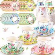 160 Pcs Floral Paper Tea Cups and Saucers 7 OZ Disposable Paper Tea Cups with Handle and Plates for Tea Party Decoration Birthday Baby Shower Bridal Wedding Mother's Day