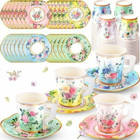 160 Pcs Floral Paper Tea Cups and Saucers 7 OZ Disposable Paper Tea Cups with Handle and Plates for Tea Party Decoration Birthday Baby Shower Bridal Wedding Mother's Day