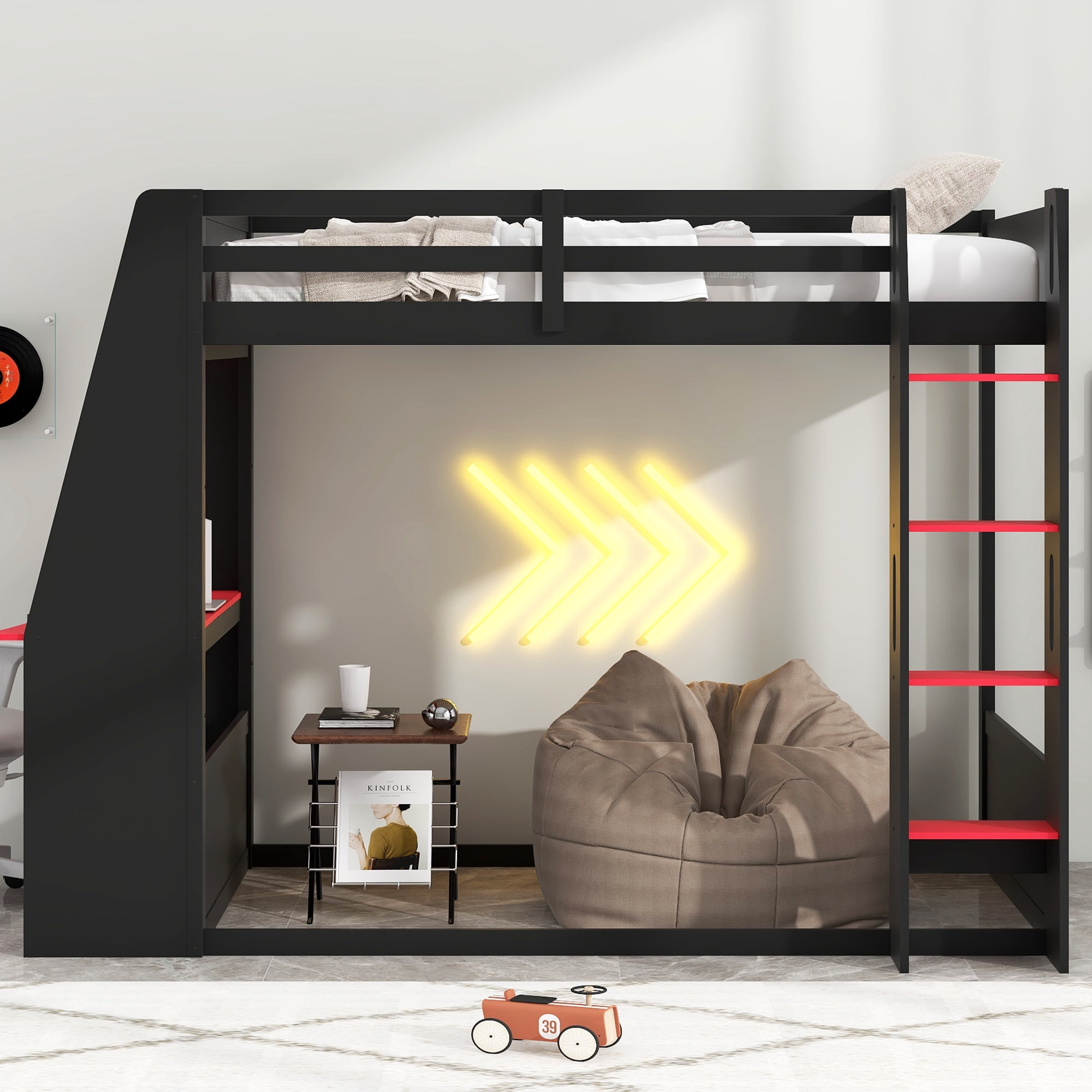 Euroco Wood Twin Size Bunk Bed with Desk and Shelves, Gaming Bed with LED Light and USB Charging, Red