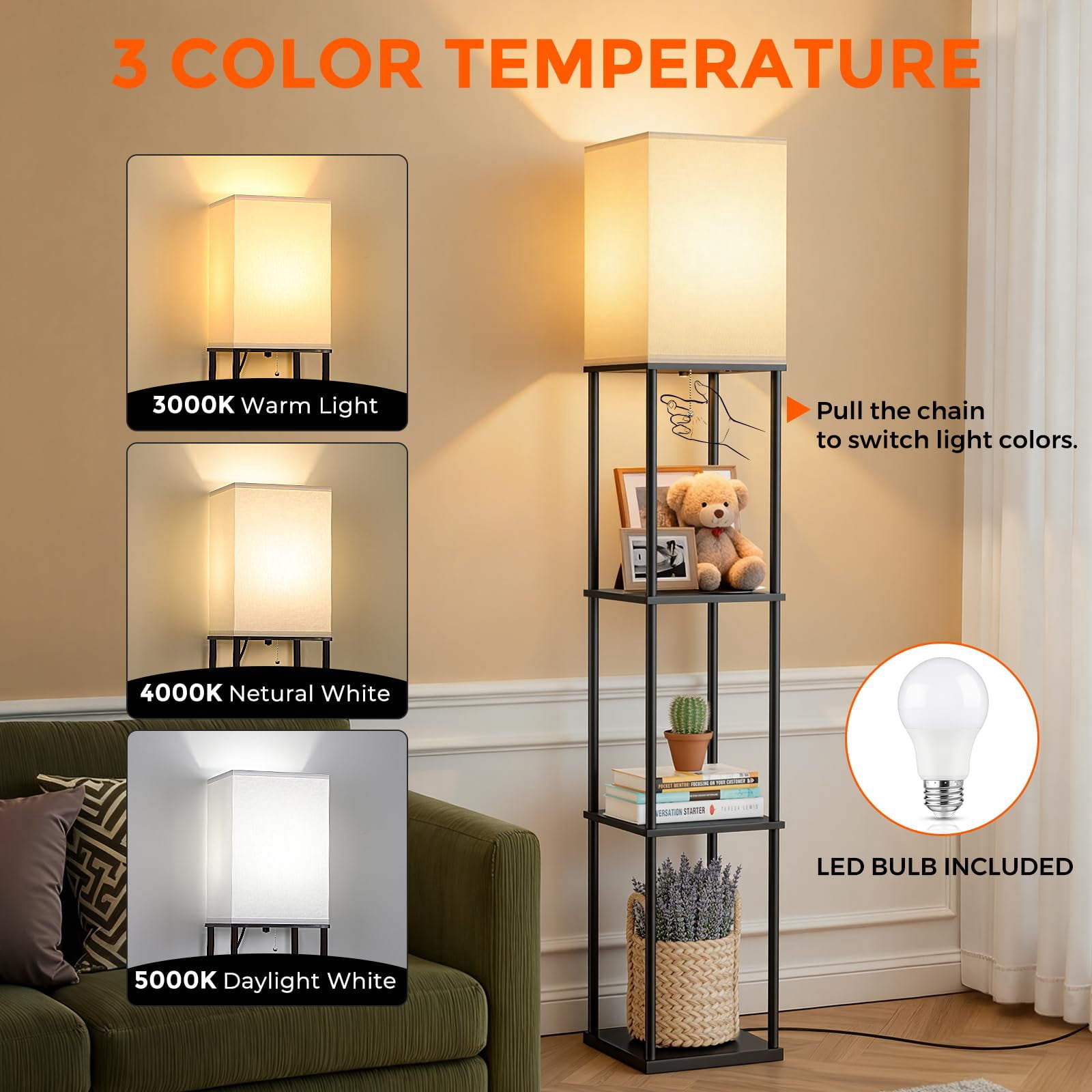Black Square 3-tier Shelf Floor Lamp For Living Room Bedroom Corner