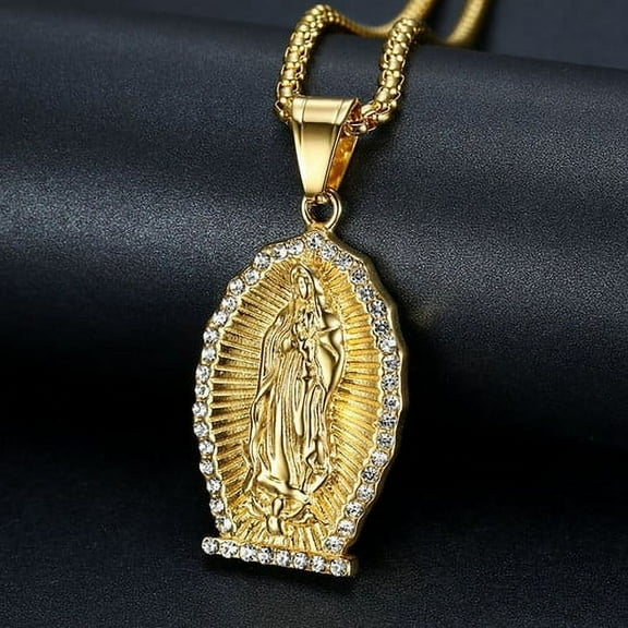 Religious 14K Yellow Gold Virgin Mary Pendant Necklace Women Jewelry Christian Gold Color Iced Out Madonna Necklace D049