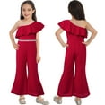 thumbnail image 1 of iiniim Girl's Sparkly Party Romper Dress One Shoulder Casual Flare Pants High Waisted Ruffles Jumpsuit 6-16 Burgundy 10, 1 of 7