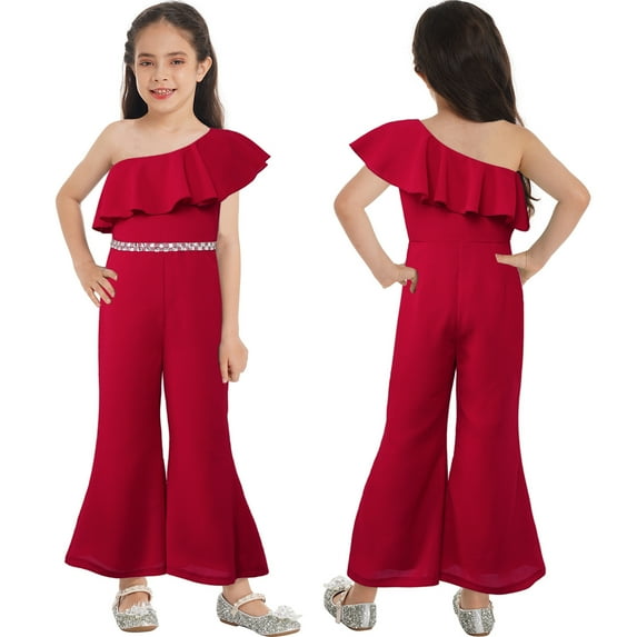 iiniim Girl's Sparkly Party Romper Dress One Shoulder Casual Flare Pants High Waisted Ruffles Jumpsuit 6-16 Burgundy 6